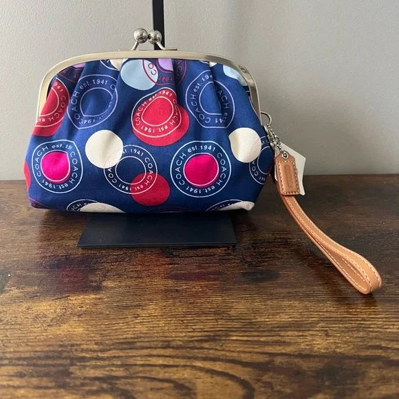 NWT Coach Printed Multicolor Polkadots Clutch with Kiss-Lock and Tan Strap - Picture 1 of 6